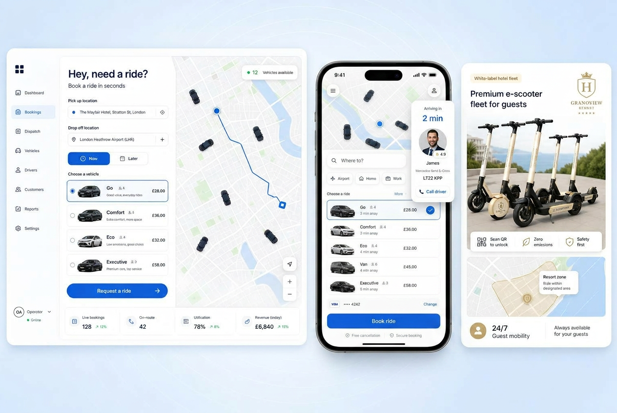 Mobility Tech, A modular, AI-powered platform for chauffeur service, minicab and private-hire operators, passenger app, driver app, real-time dispatch, fleet management, payments, corporate booking portal and ops console. Fully white-labelled. Plus branded hospitality fleets for hotels, resorts and cruise ports, e-scooters, e-bikes, golf carts, shuttles and on-demand chauffeur. Launch in weeks, own your riders, own your data, own your margin.